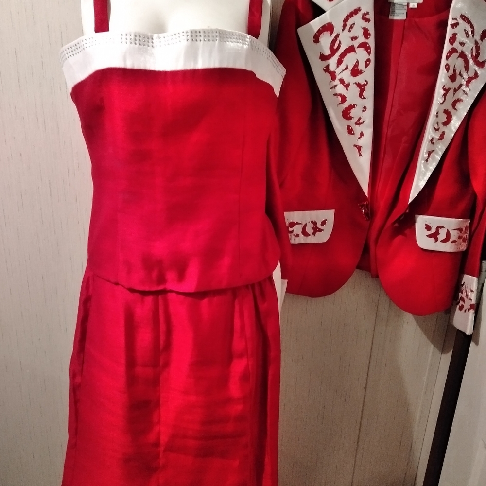 Red and white three-piece suit